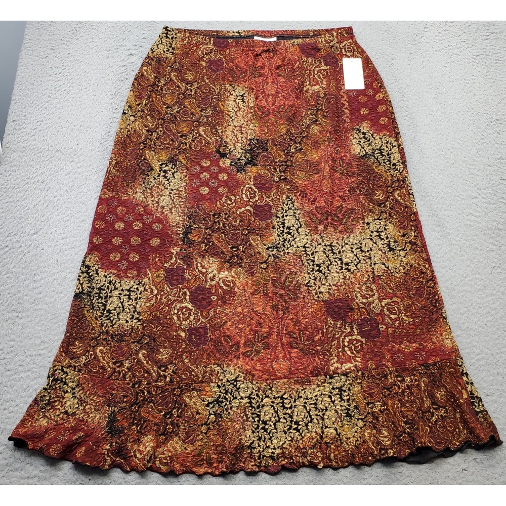Coldwater Creek Maxi Skirt Womens Large Multi Fukara Flounce Print Scalloped Hem